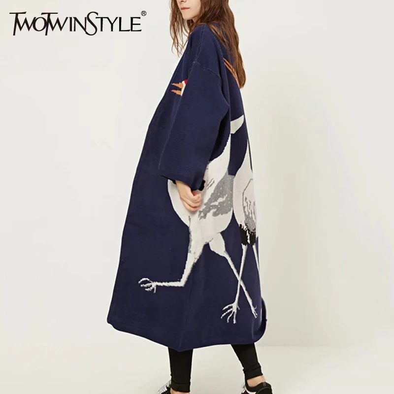 #^Special Price TWOTWINSTYLE Stork Female Cardigan Sweater for Women's Winter Jumper Coat Female Kimono Vintage Knitted Long Trench Windbreaker