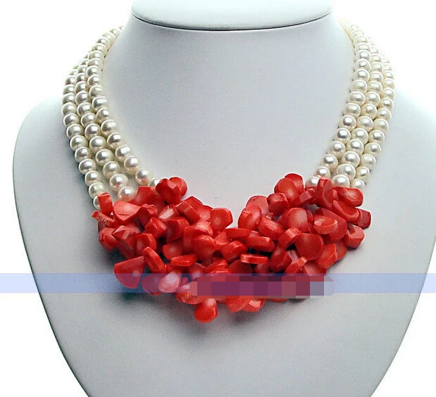 

ddh003437 17" 3 Strands White Freshwater Pearl & Coral Necklace