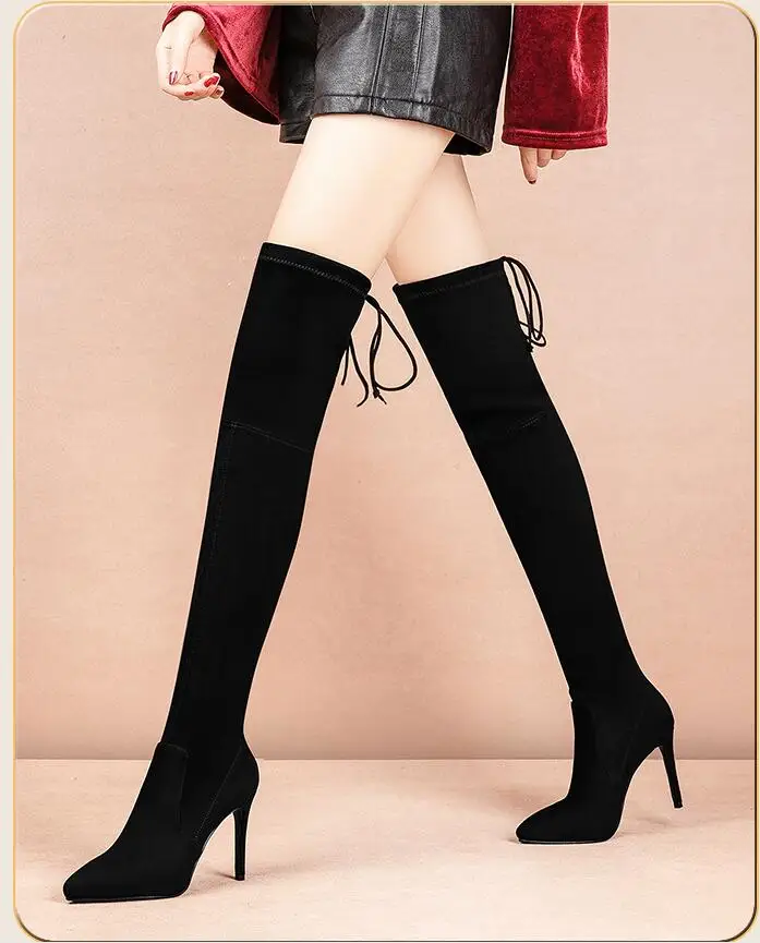 

Knee, boots, woman, spring and autumn, new type of Joker, thin and high-heeled boots, black skinny boots, thin leg elastic boots