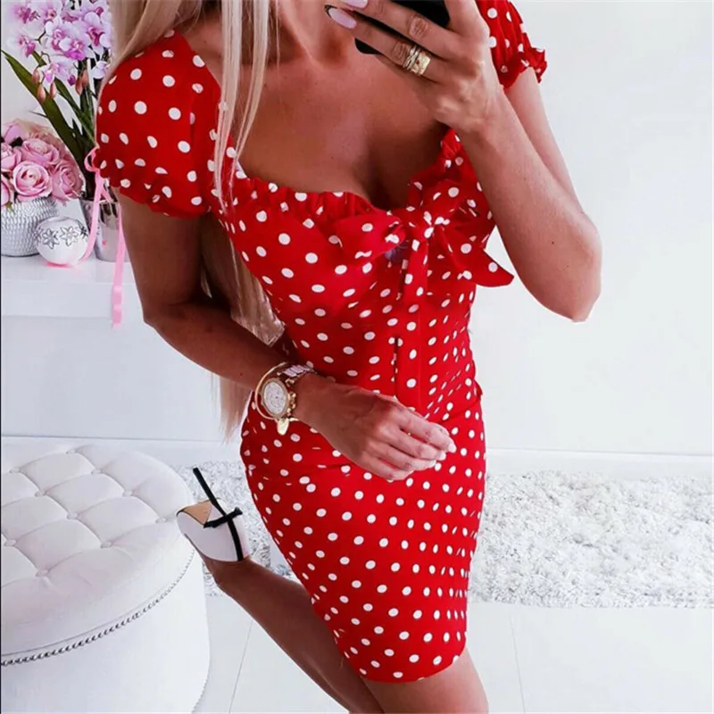 

Trendy Women dress Summer V-neck casual Polka Dot Short Sleeve Bodycon Party Polyester Mini Dresses one pieces