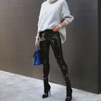

2019 Black Sexy PU Leather Pants Women Solid Leggings High Waist Stretch Skinny Pencil Pants Casual Bodycon Women Trousers RED