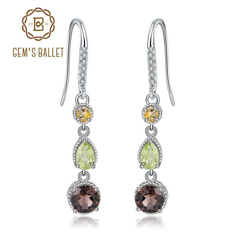 

GEM'S BALLET 925 Sterling Silver Elegant Brincos Natural Smoky Quartz Peridot Citrine Dangle Earrings for Women Fine Jewelry