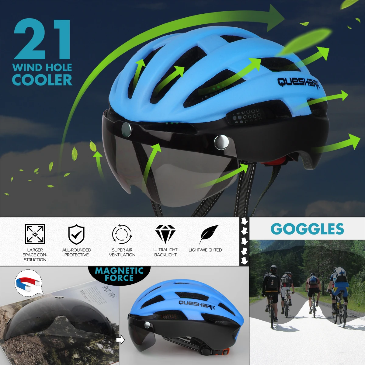 QUESHARK матовый зеленый MTB велосипедный шлем дышащий Горный Дорожный велосипедный шлем с ветрозащитными очками черные линзы