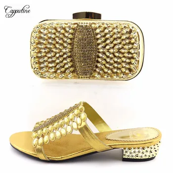

Amazing gold medium heel slip-on shoes matching with evening handbag set decorated with stones T0730 ,heel height 3.8cm