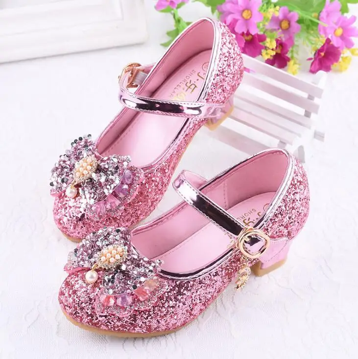

2019 Girls Leather Shoes For Kids Rhinestone High Heel Princess Shoes Girls Autumn Spring Rubber Party For Children Size 26-36