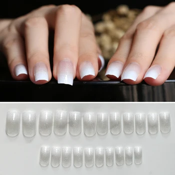 

Fake Long false nails yellow flash Gradient 24pcs Milk white Naturally transparent Full set shiny with Stickers Easy match