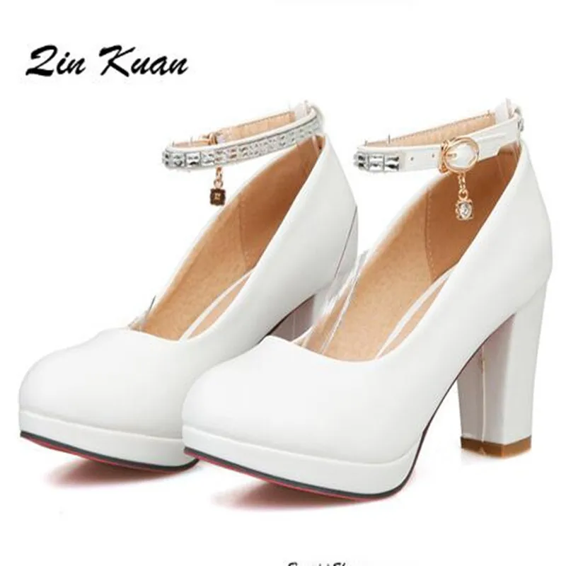 

New Style Plus Size Women Round Toe Square Heel Pumps Ladies Ankle Buckle Stilettos Wedding High Heel Shoes QKP0011B