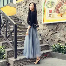 Летняя женская мода длина до пола Тюлевая юбка большие качели Высокая талия юбка бэк тонкая плиссированная юбка