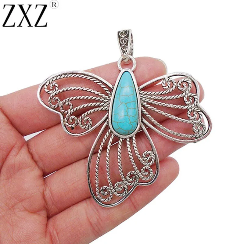 

ZXZ 5pcs Antique Silver Large Butterfly Insect With Faux Turquoise Stone Charms Pendants for Jewelry Making Findings 69x60mm