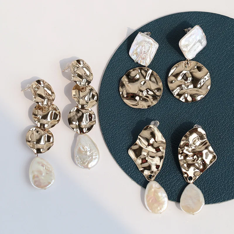 

Korean Baroque Pearl fold ear Ring Women simple Fashion irregular geometric Metal sheet earrings earrings