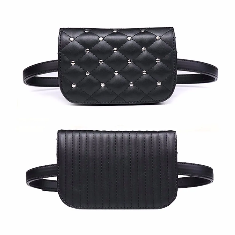 Fashion Women Leather Fanny Pack Black Waist Bag Elegant Rivet Fanny