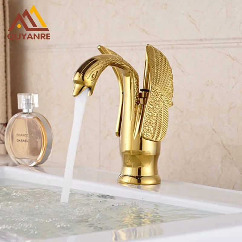 

Free Shipping Golden Polish Swan Shape Single Level Mixer Tap with Hot and Cold Pipes