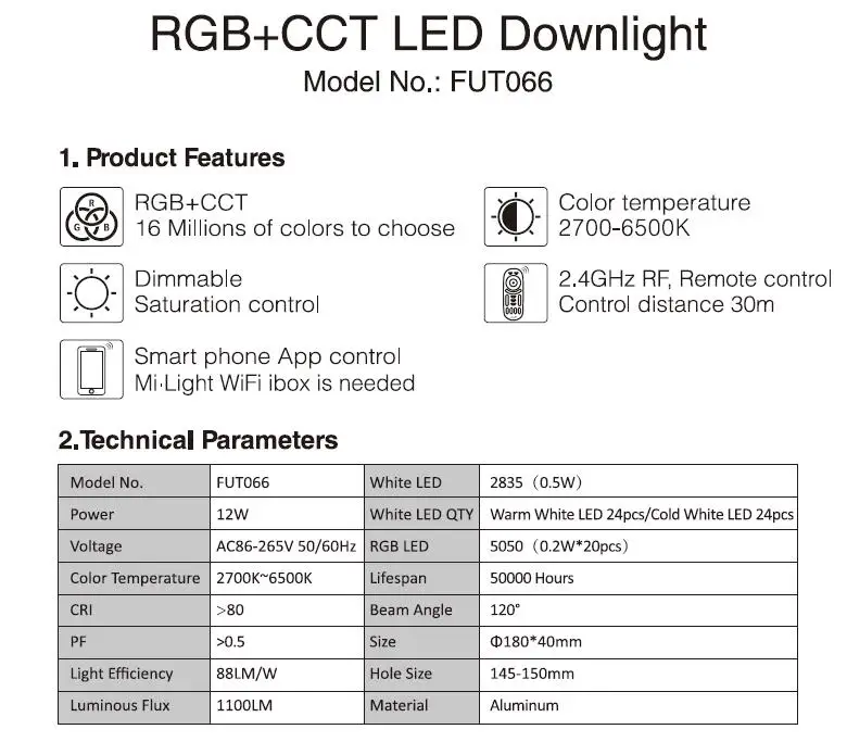 Milight fut066 AC86-265V 12 Вт RGB + CCT светодиодный светильник с регулируемой яркостью 2.4 г Wireles smart Светодиодный светильник Освещение