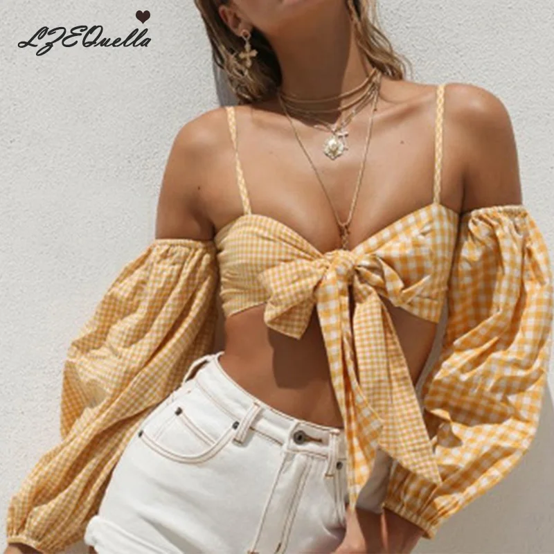 

Women Sexy Strap Tops Plaid Bowtie Short Tube Tops Girls Summer Holiday Short Shirts Tank Top