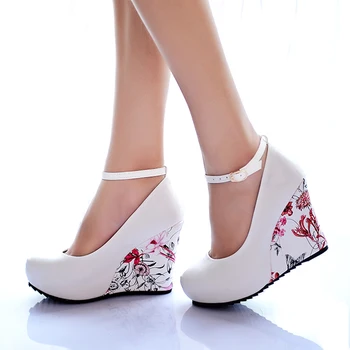 

KarinLuna large Sizes 34-43 Wedges High Heels Party wedding Pumps shoe Flower Print Platform Ankle-Strap Women Shoes Woman pumps