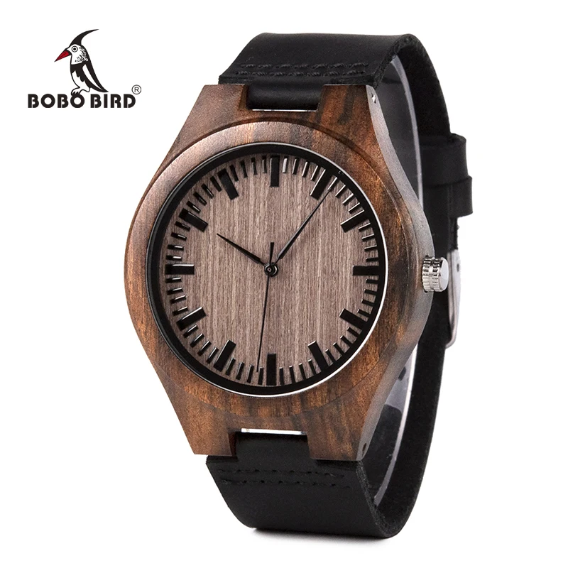 BOBO BIRD Ebony Wood Watch Men Quartz Wristwatches Timepiece With Leather Strap Women Best Gift In Box relogio masculino V-F08