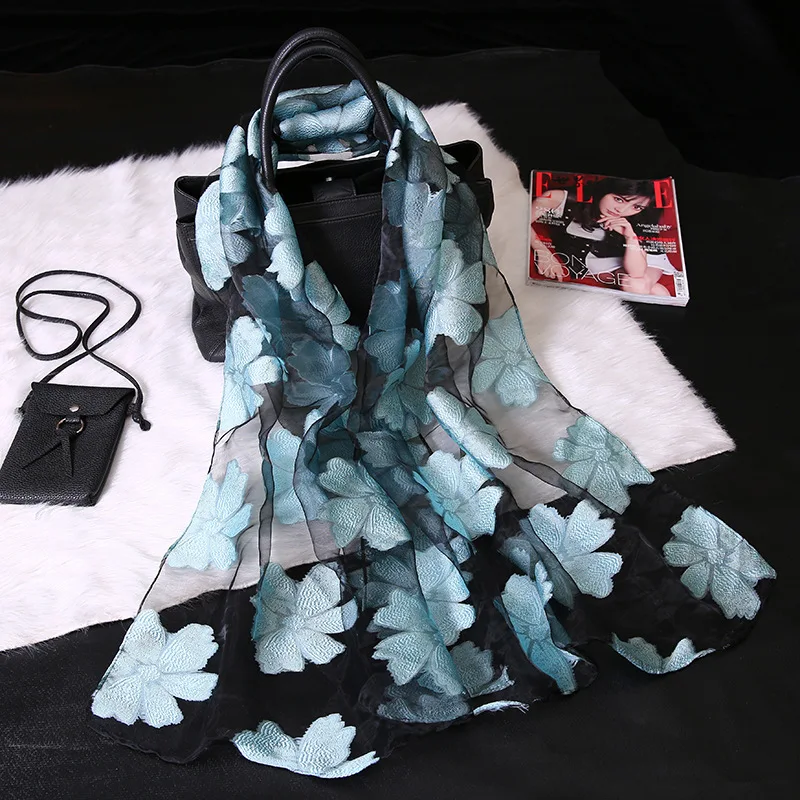 Модный Элегантный женский длинный шарф из органзы с цветами, мягкая шелковая марлевая шаль, подарок для леди S9077