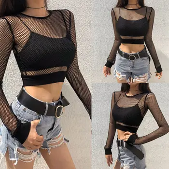 

Hirigin Fashion Women Sexy Short Shirts All Mesh Fishnet Long Sleeve Stretch Black Shirt
