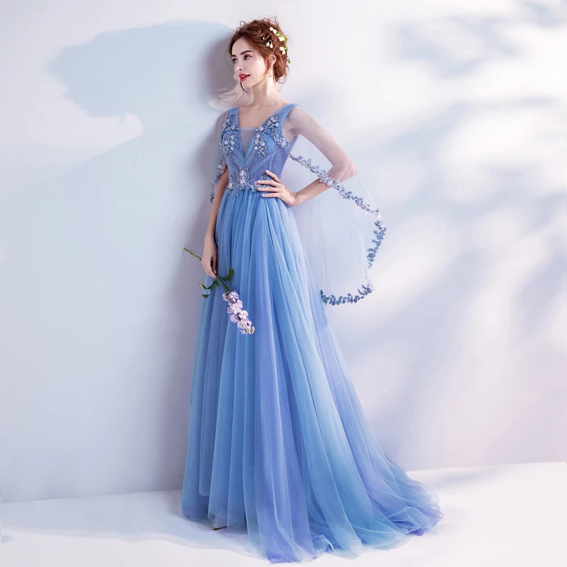 Vestido De Festa Blue Tulle With Appliques Evening Dresses Long Dress Prom Party Gowns 2019 Robe De Soiree V-Neck Evening Dress