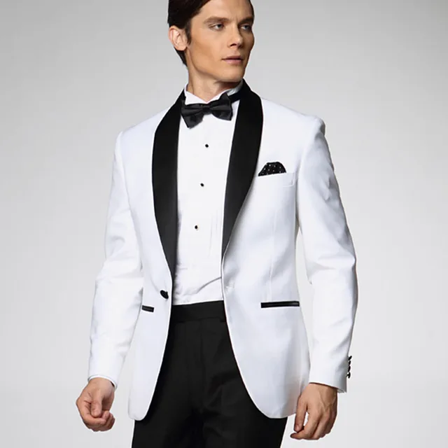 2017 White Jacket With Black Satin Lapel Groom men Tuxedos Groomsmen
