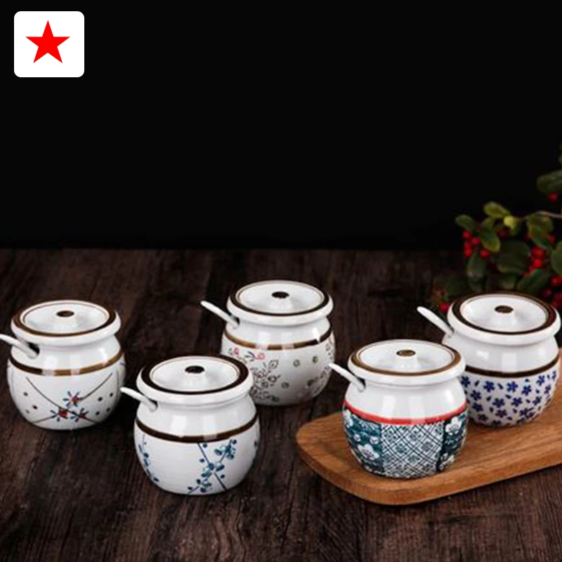 Japanese style ceramic seasoning jar, sugar jar and salt jar with lid