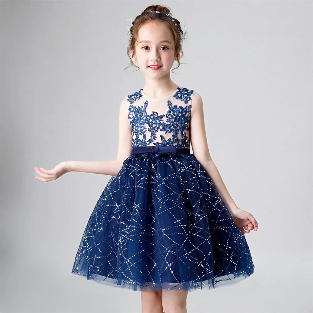 Sequin Tulle Royal Blue Lace Flower Girl Princess Dress Formal Birthday
