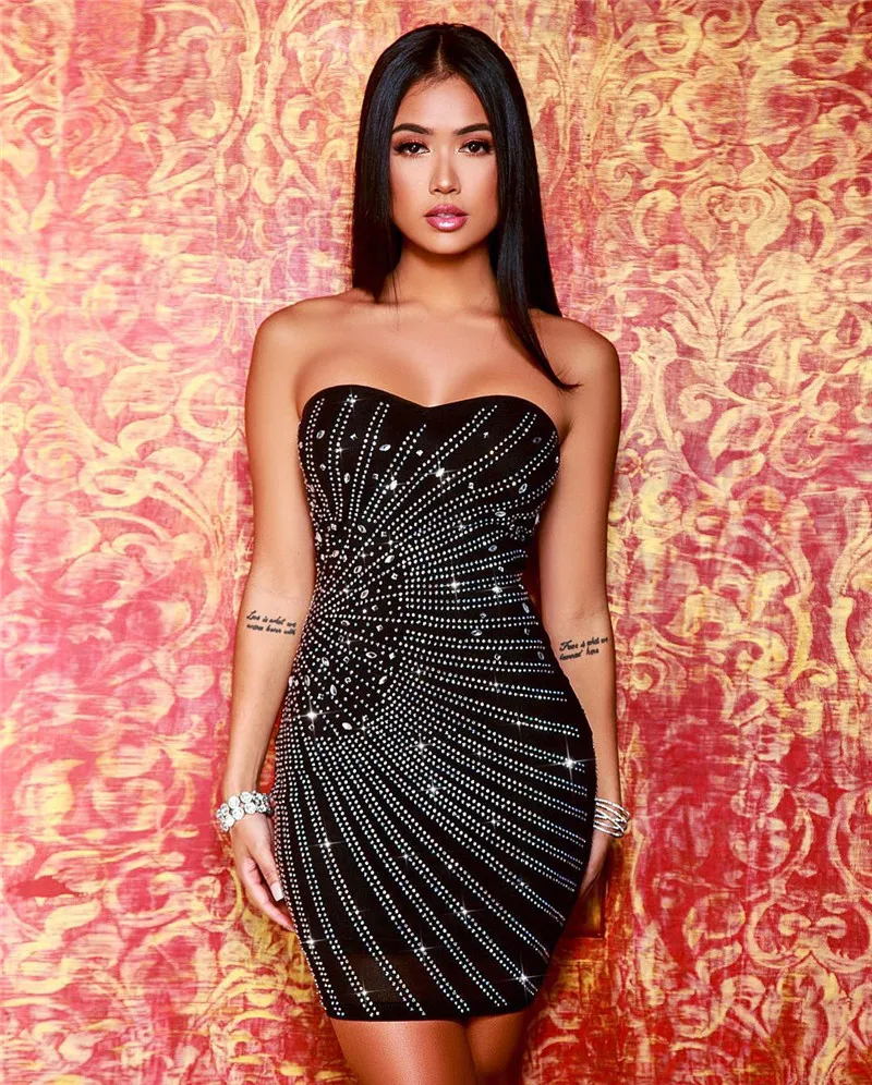 

Mesh Rhinestone Sexy Night Club Dress Women Summer 2019 Sleeveless Strapless Black Bodycon Mini Dress Elegant Short Party Dress