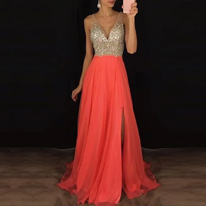 

Women Elegant Dress Long Ball Sequins Sexy V Neck Beach Party Sundress Sleeveless Formal Dress New Arrival