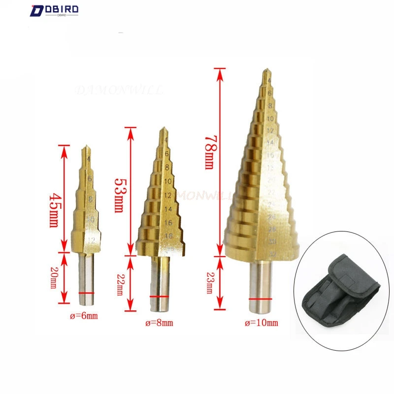 3pcs/lot 4-12/20/32mm HSS Steel Drill Bit Large Step Cone Titanium Coated Metal Cutter Tool Set With Pouch 3pcs hss titanium coated step drill bit set high speed steel cone drill bit plastic wood metal working aluminum hole drilling