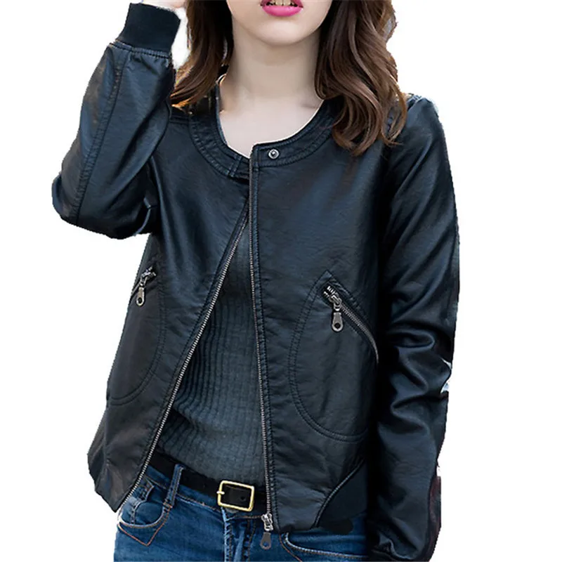 Plus Size 5XL Leather Jacket Women O Neck Faux PU Bomber Jacket