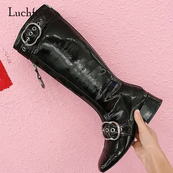 

2018 Punk Style Knee High Boots Woman Square Toe Rivet Front Zip Shiny Patent leather Fashion Knight Boots Women