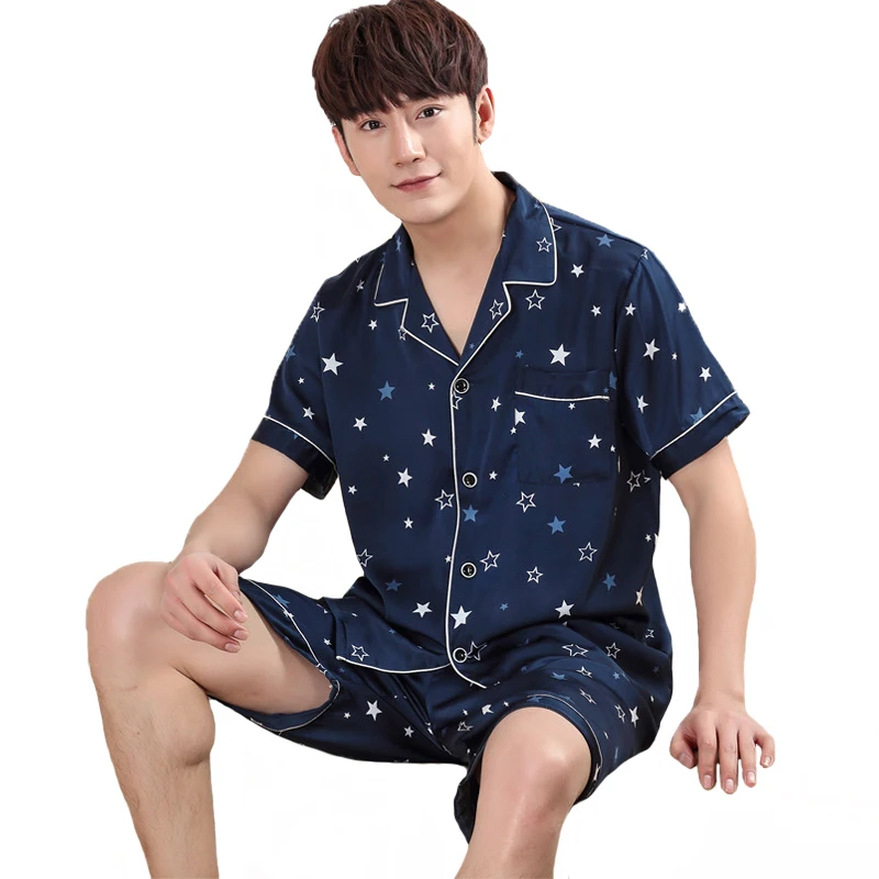 Plus Size L 3XL Men Sleepwear Summer Casual Pajamas Set Loose Satin