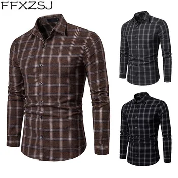 

FFXZSJ Brand 2019 men's slim casual long-sleeved plaid shirt with lapel and long sleeve European size Acetate Single Breasted