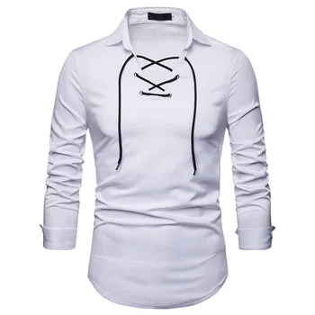 

Fashion Bandage Design Turn Down Long Sleeve Dress Shirt Men 2018 Brand New White Casual Shirt Men Camisa Social Masculina XXL