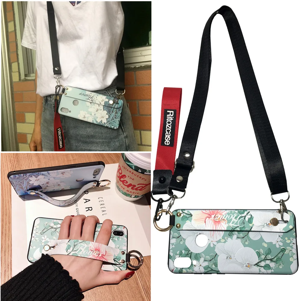

Retro 3D flower wristband tpu case for xiaomi redmi note 5 6 7 pro 5A mi 9 8 A1 A2 6X 5X case floral shoulder strap soft shell