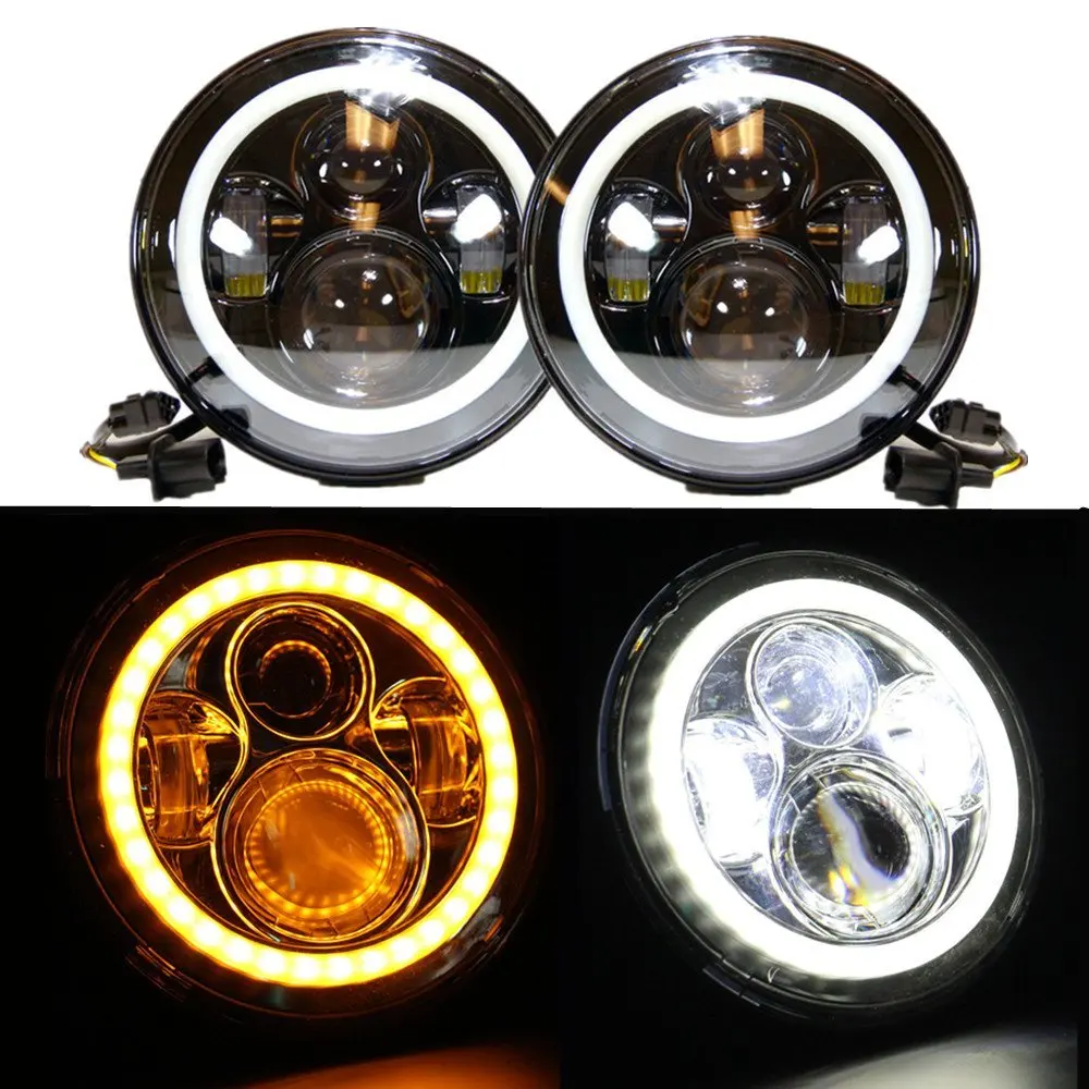 1pair 7inch led headlight  high low beam yellow truning signal for jeep wrangler with angel eyes