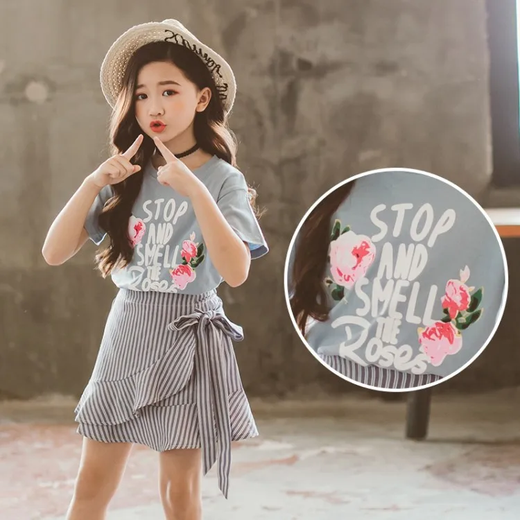 2019 Summer Children Clothing Set For Teenage Girls Fashion Letter Flower Tshirt Ruffles Skirt 2Pcs Kids Clothes Suit 10 12 Year (13)