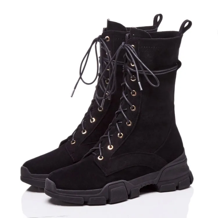 

Fashion Leisure Round Toe Women Martin Boots Mid-Calf Low Hoof Heels Punk Motorcycle Boots Solid Cross-tied Casual Lace up Shoes