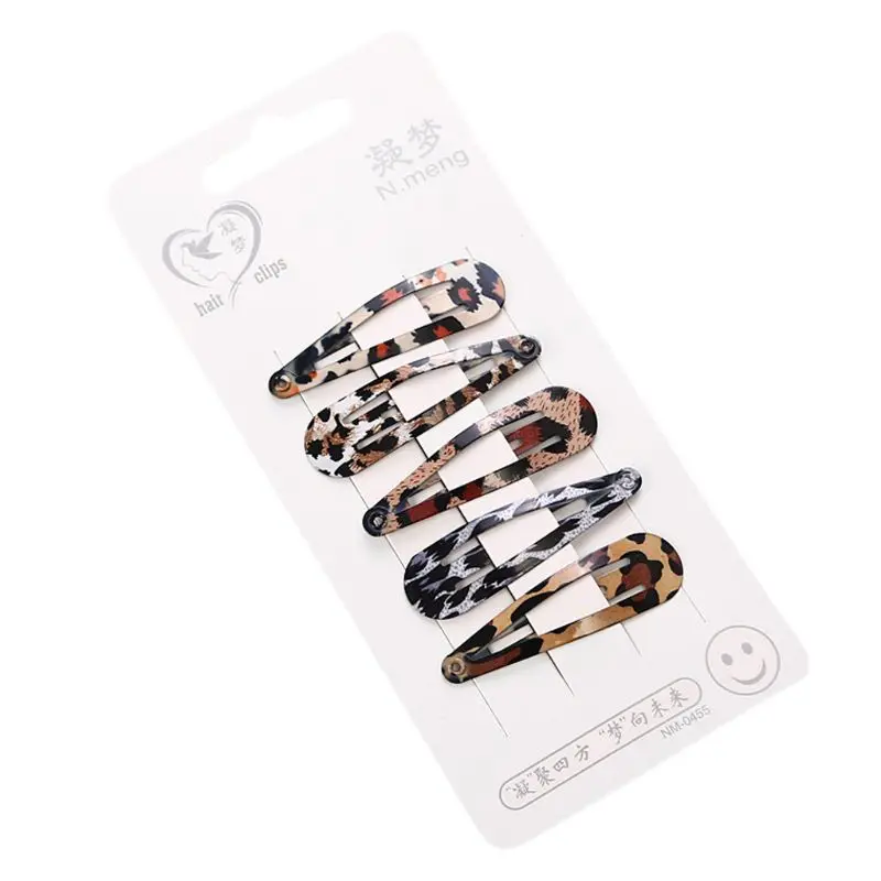 5Pcs/Set Women Ladies Boho Vintage Colored Leopard Printed Hair Clips Metal Alloy Water Drop Shape BB Hairpins Baking Paint Snap