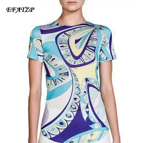 

2015 Summer High Quality Luxury Brands Designer Top Women's Short Sleeve Geometric Printed Casual Sheath Tee