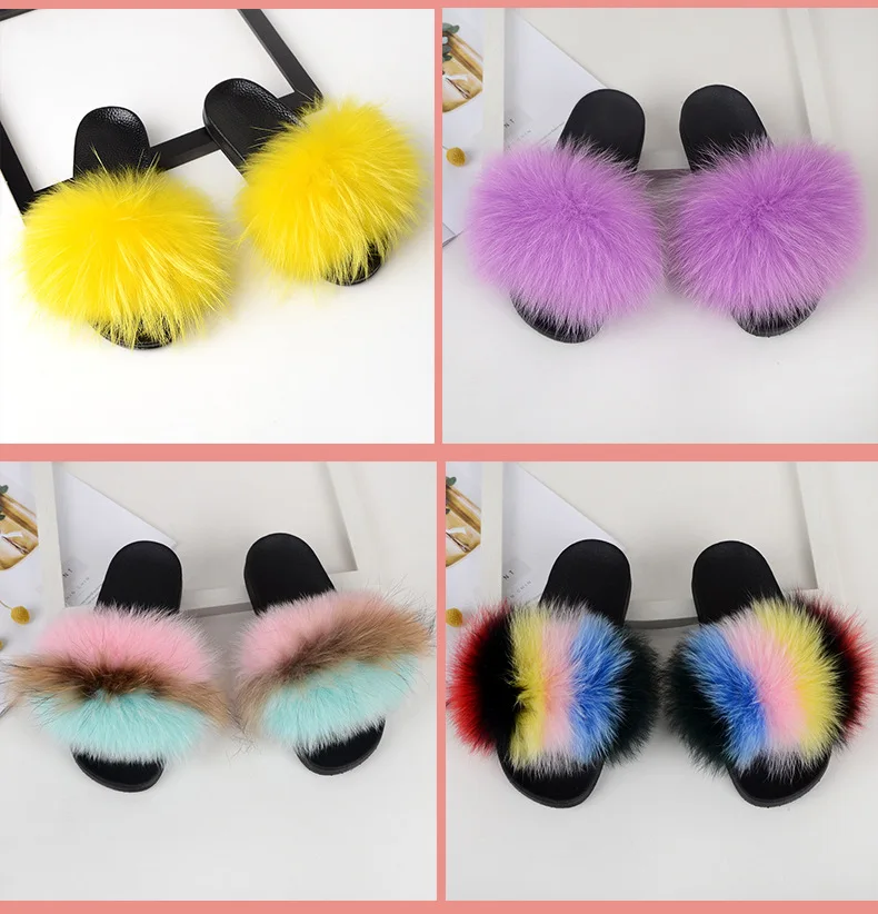 New Mixed Color Real Fox Fur Slippers Slides Casual Shoes Fluffy Slippers Flip Flops Furry Shoes Women