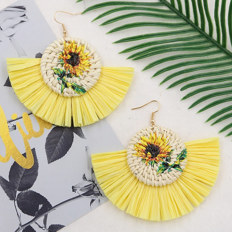 

Lafite Raffia Earrings for Women Handmade Wicker Rattan Earring Sunflower Yellow Earing Bohemian Jewelry Pendientes Grandes