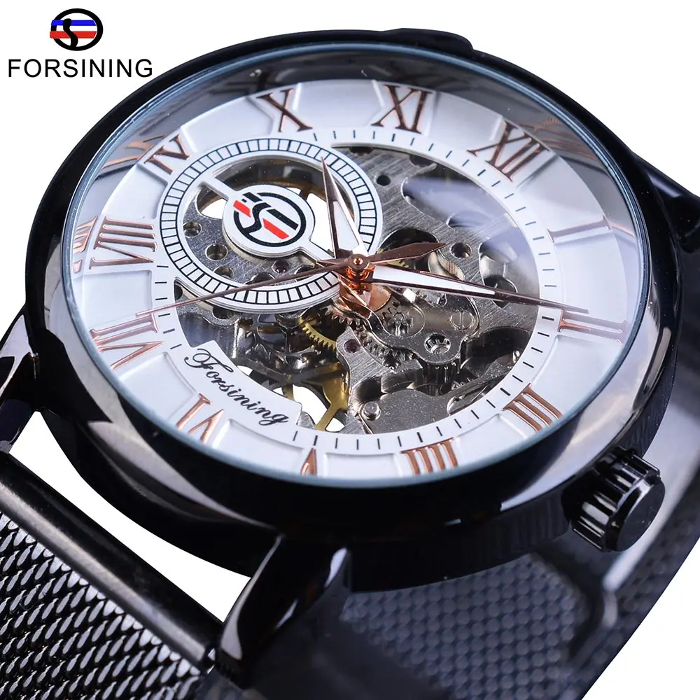 Forsining Ретро мода черный скелет спортивные часы механические часы светящиеся руки сетчатый браслет для мужчин лучший бренд роскошные часы - Цвет: GMT1040-7Small