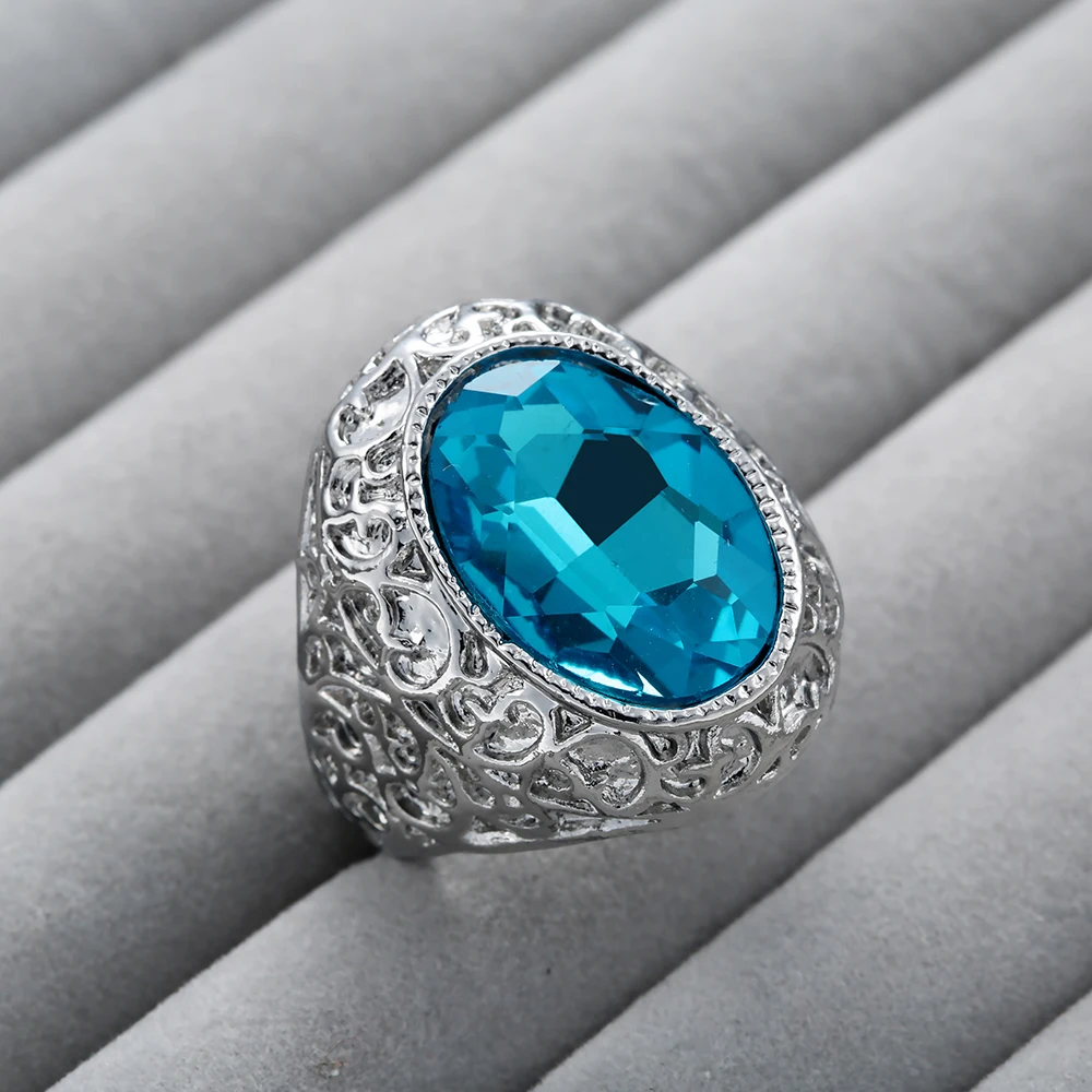 Hainon винтажное роскошное большое овальное кольцо с кристаллами Love для синего, королевского, розового, зеленого цвета, дизайн, серебряное обручальное кольцо для женщин - Цвет основного камня: light blue