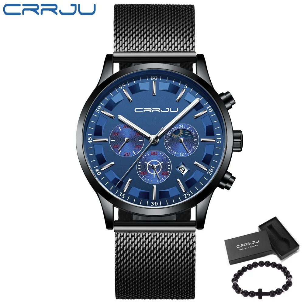 Топ бренд класса люкс Relojes часы мужские Crrju Модные Спортивные кварцевые наручные часы деловые водонепроницаемые часы Relogio Masculino - Цвет: Mesh black blue