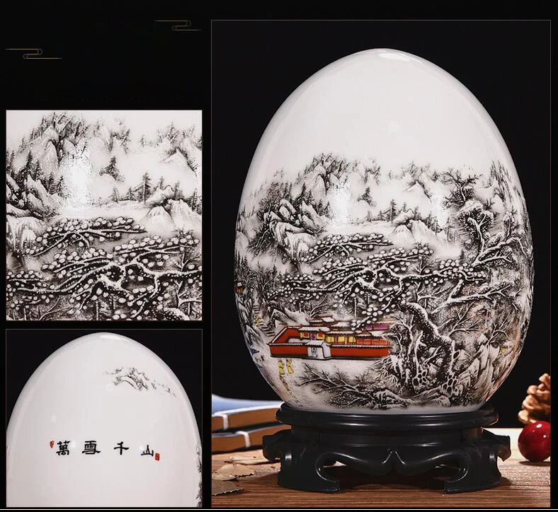 Керамическая ваза Цзиндэчжэнь в китайском стиле, Ландшафтная ваза+ основа для гостиной, украшение для домашнего интерьера, украшения из яиц