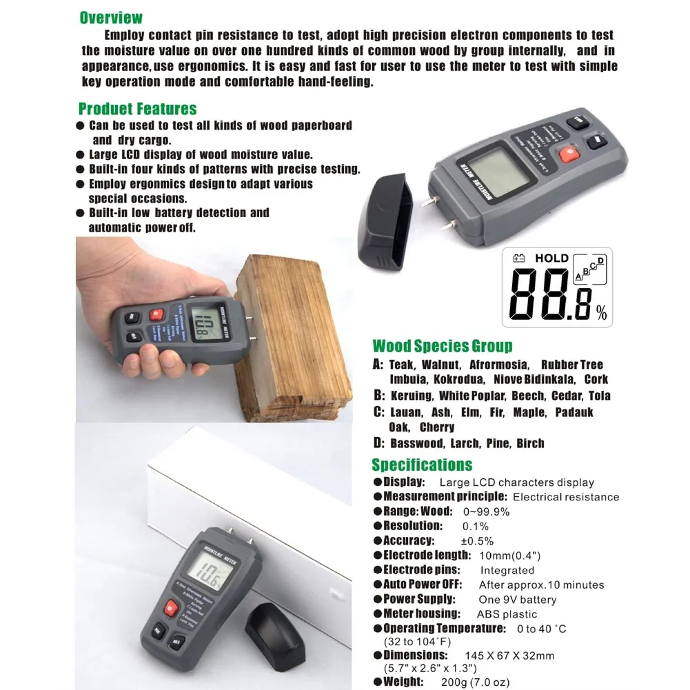 0-99.9% Digital Wood Moisture Meter Humidity Tester Timber Damp Detector Hygrometer 2Pins Test H99F