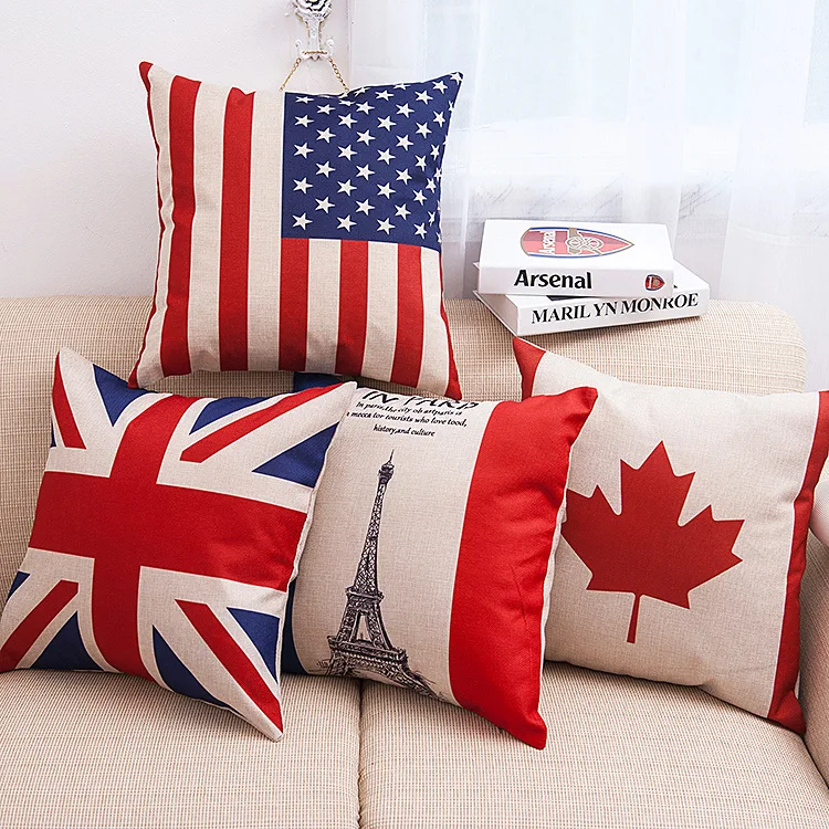 

United Kingdom Canada France flag Pillow Case Cushion Linen Cotton Square pillowcase For Furniture Home Decorative Pillow Cover