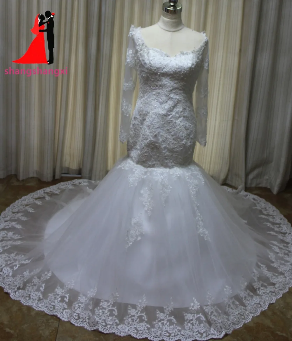 2017 100 Real Mermaid Lace Long Sleeve font b Wedding b font Dresses Tull Appliques font