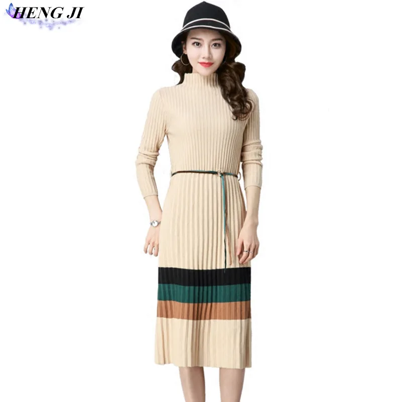 HENG JI Knitted dresses, long sleeves, slim and slim, quilted knit